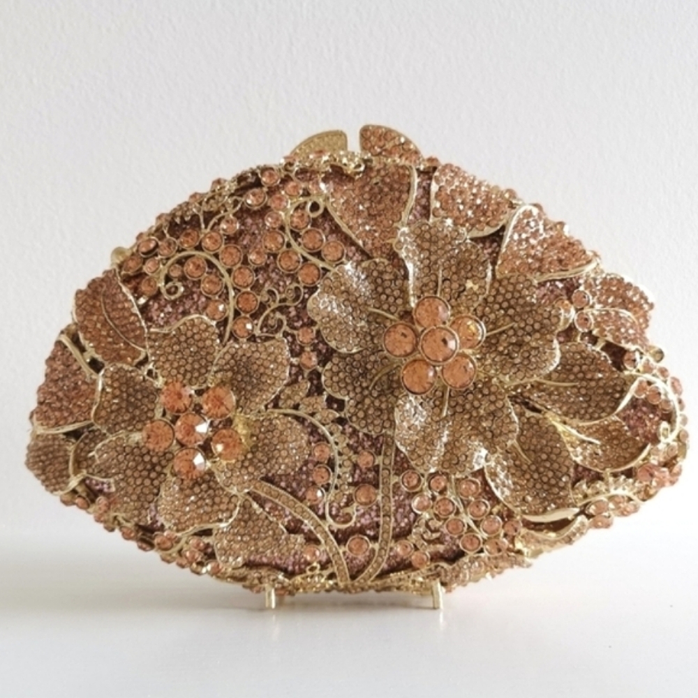 Exquisite Crystal Anemone Garden clutch evening purse in rose gold tone